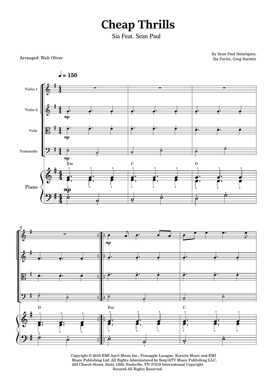 Cheap Thrills (Feat. Sean Paul) String Quartet scores gallery preview page 1