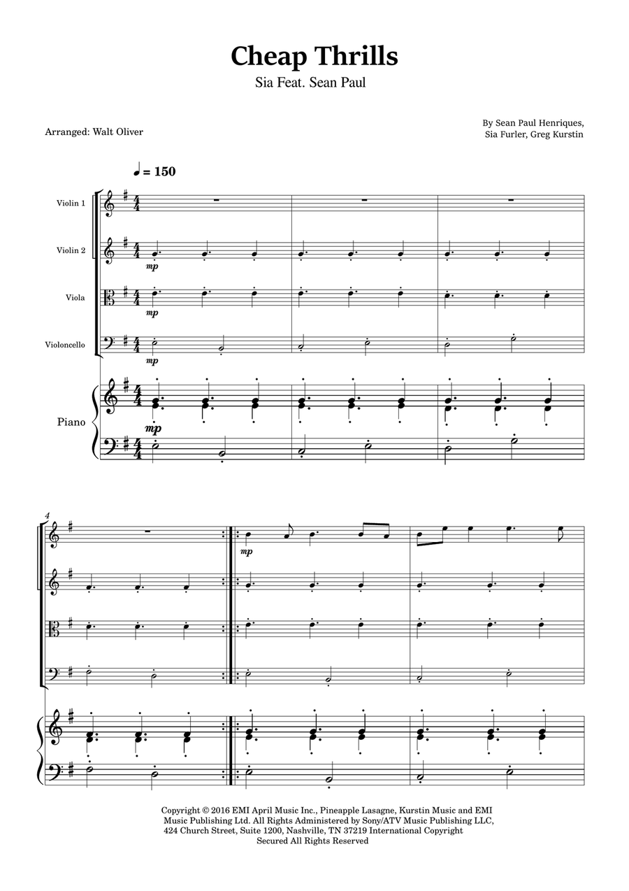 Cheap Thrills (Feat. Sean Paul) String Quartet scores gallery preview page 1