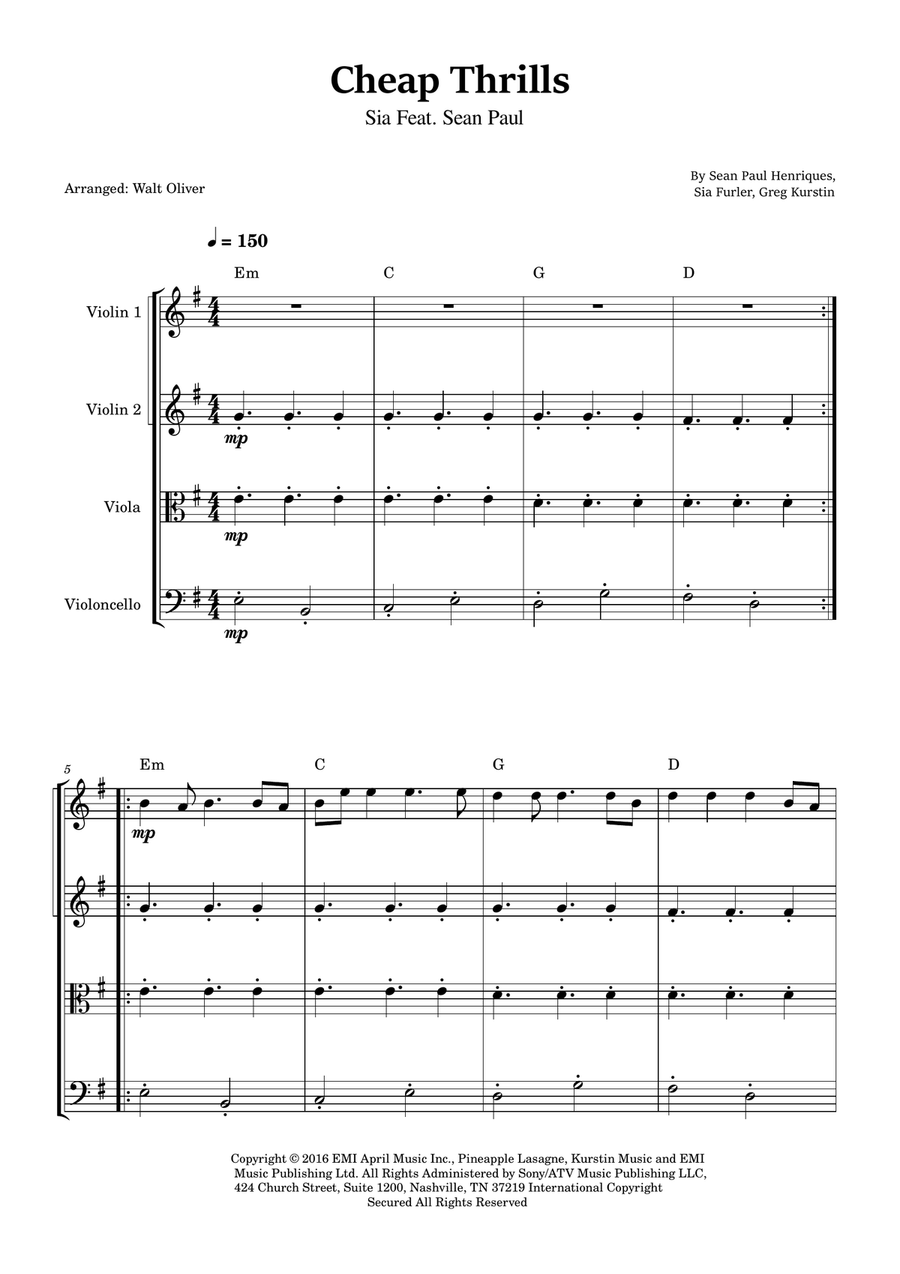 Cheap Thrills (Feat. Sean Paul) String Quartet scores gallery preview page 1