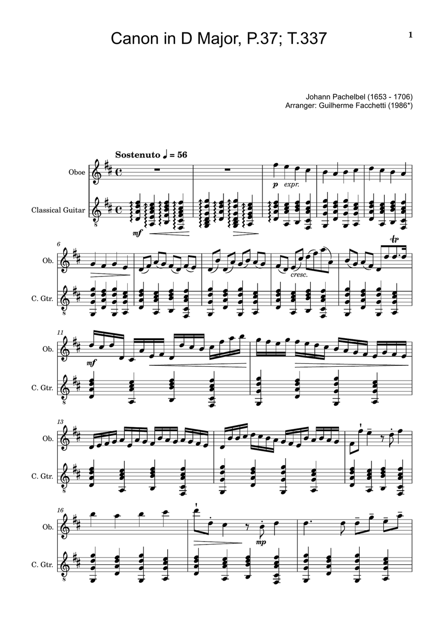 Canon in D Major, P.37; T.337. Arranged for Oboe and Guitar. Chamber Music scores gallery preview page 1