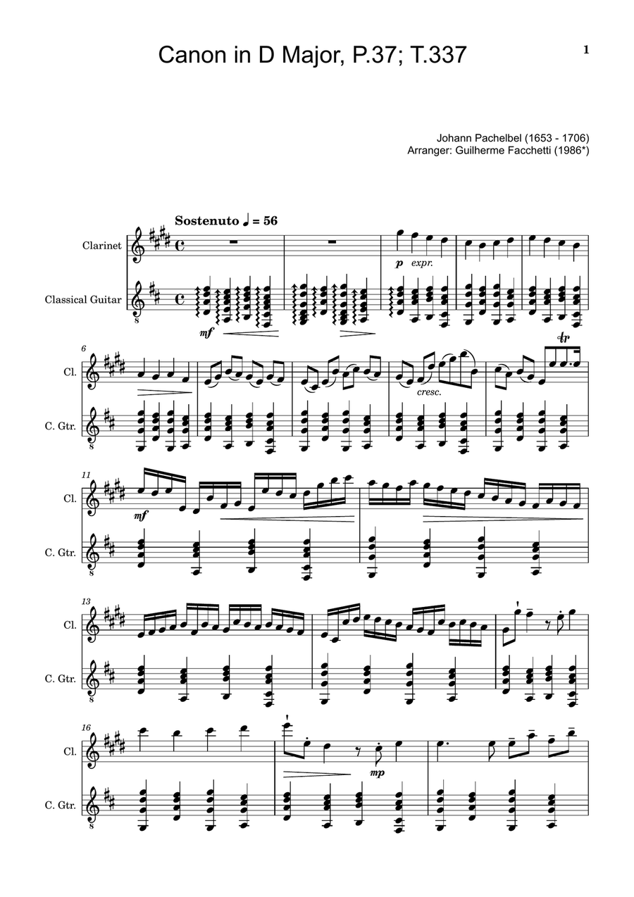Canon in D Major, P.37; T.337. Arranged for Clarinet and Guitar Chamber Music scores gallery preview page 1