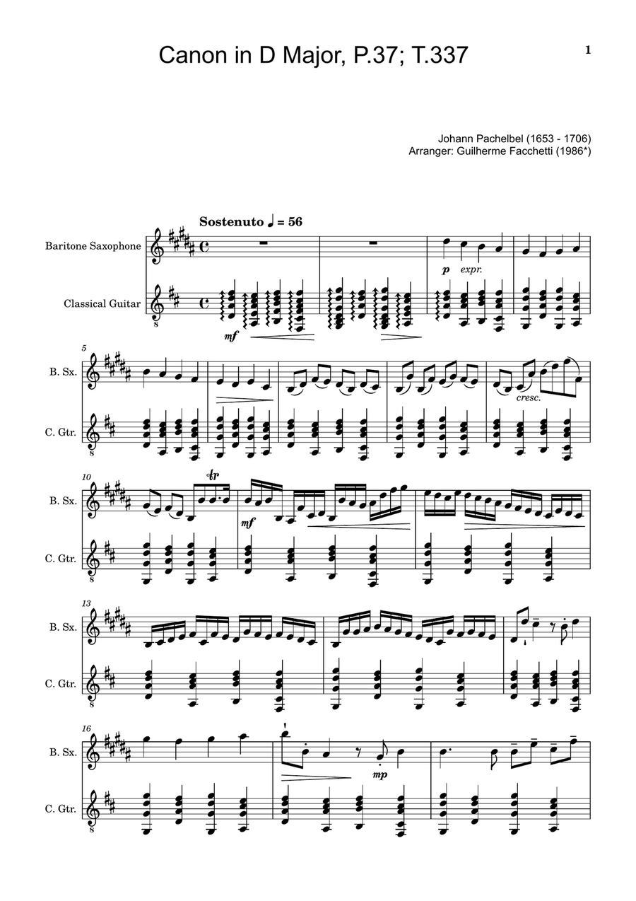 Canon in D Major, P.37; T.337. Arranged for B. Sax and Guitar Chamber Music scores gallery preview page 1