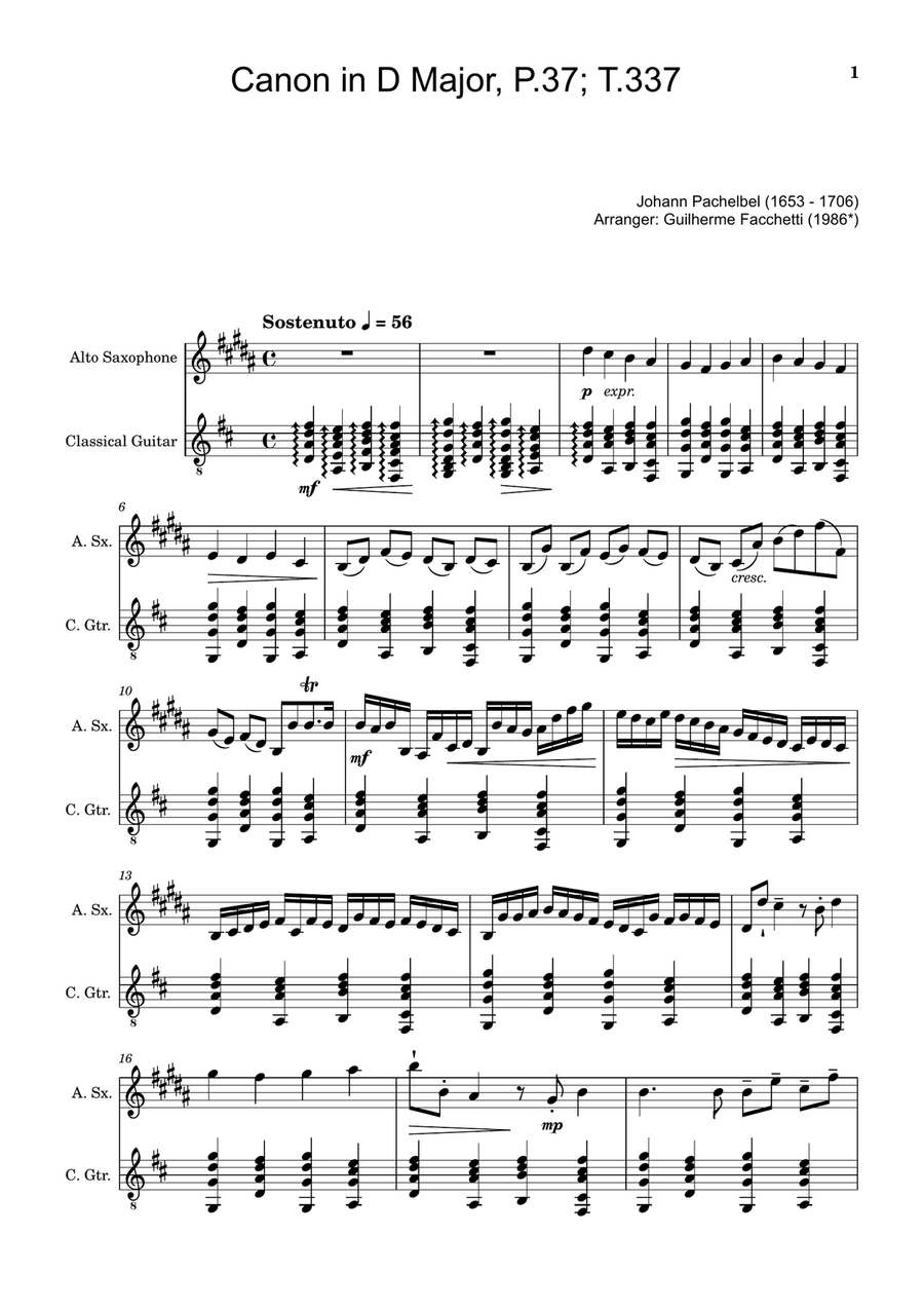 Canon in D Major, P.37; T.337. Arranged for A. Sax and Guitar Chamber Music scores gallery preview page 1