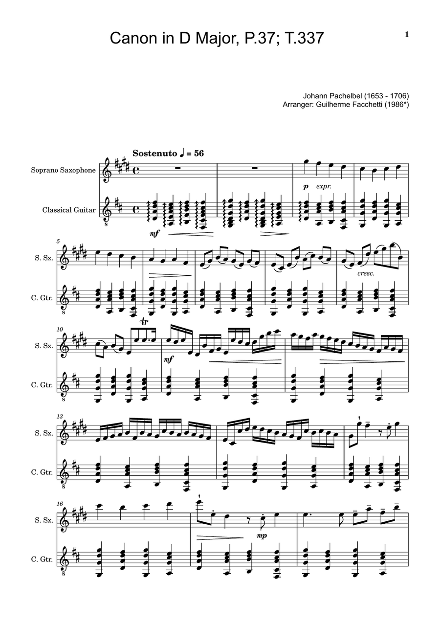 Canon in D Major, P.37; T.337. Arranged for S. Sax and Guitar Chamber Music scores gallery preview page 1