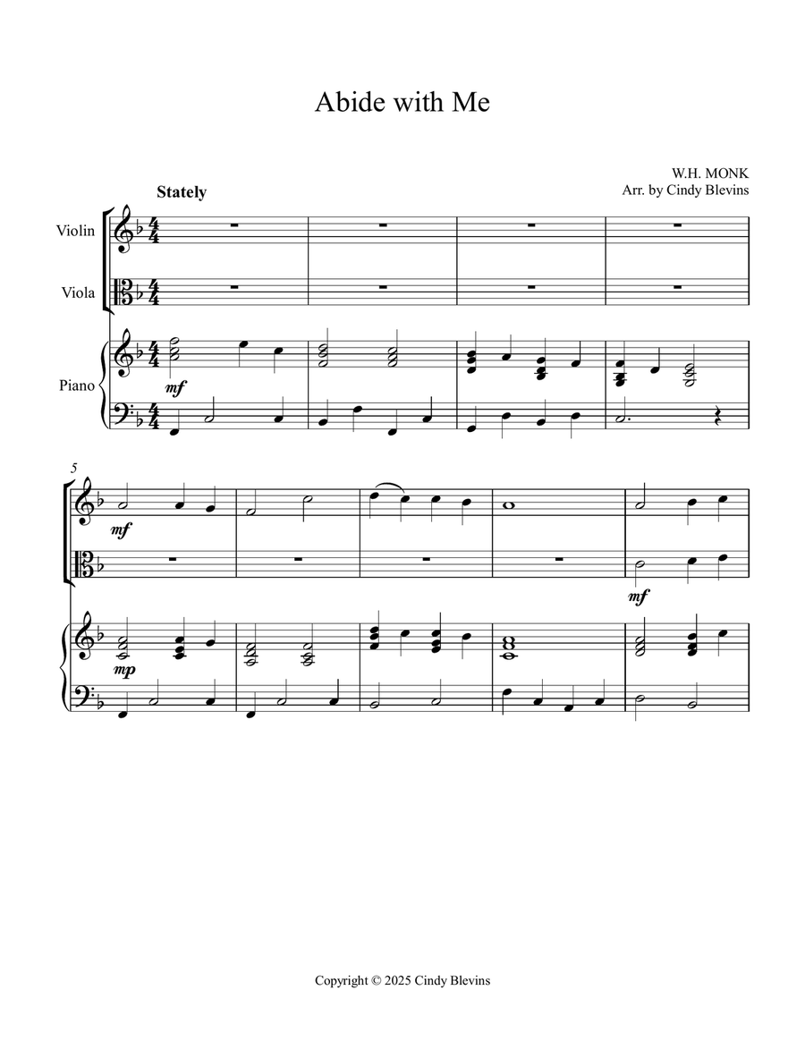 Abide With Me, for Violin, Viola and Piano Violin scores gallery preview page 2