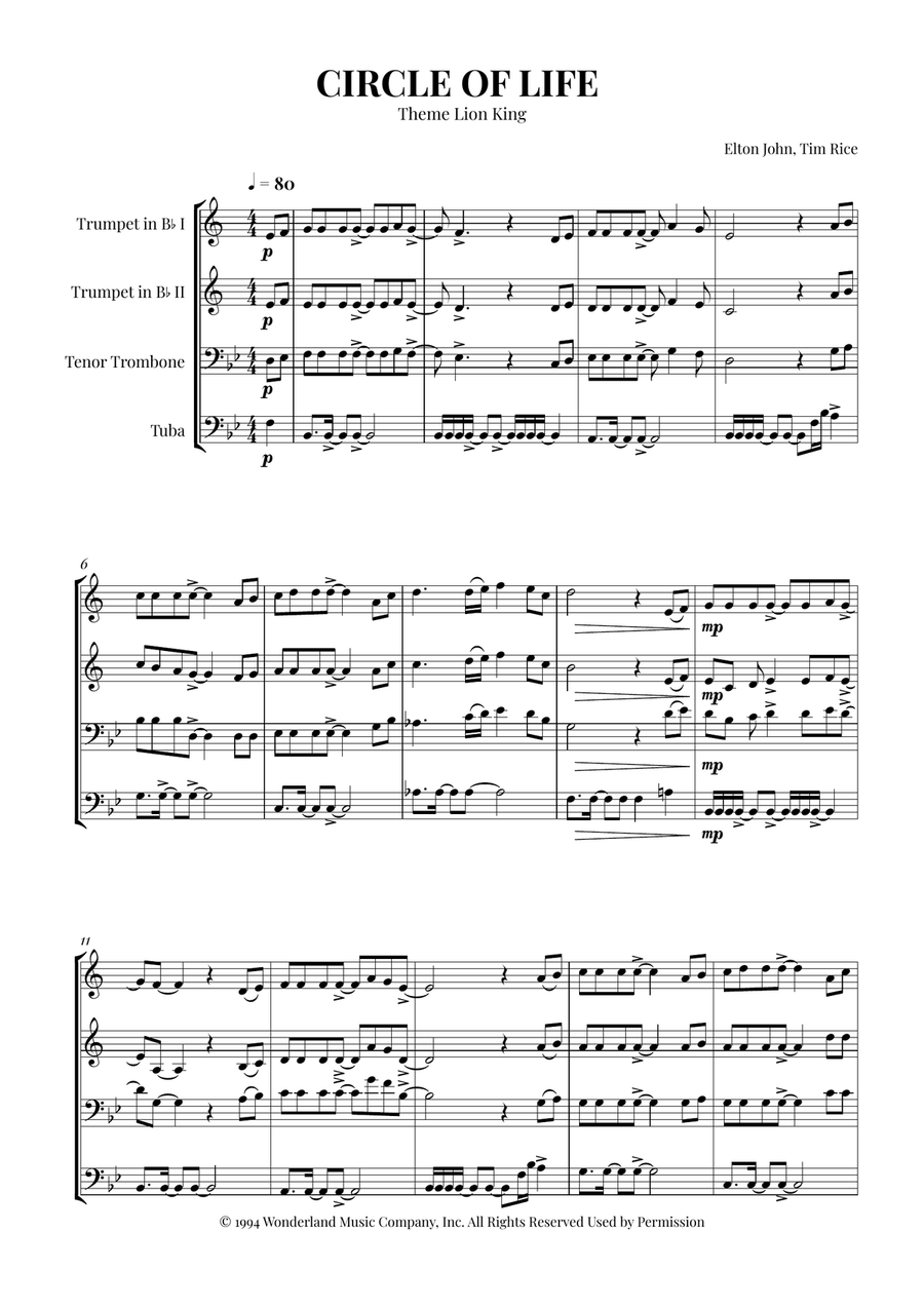 Circle Of Life Circle Of Life Brass Quartet scores gallery preview page 1