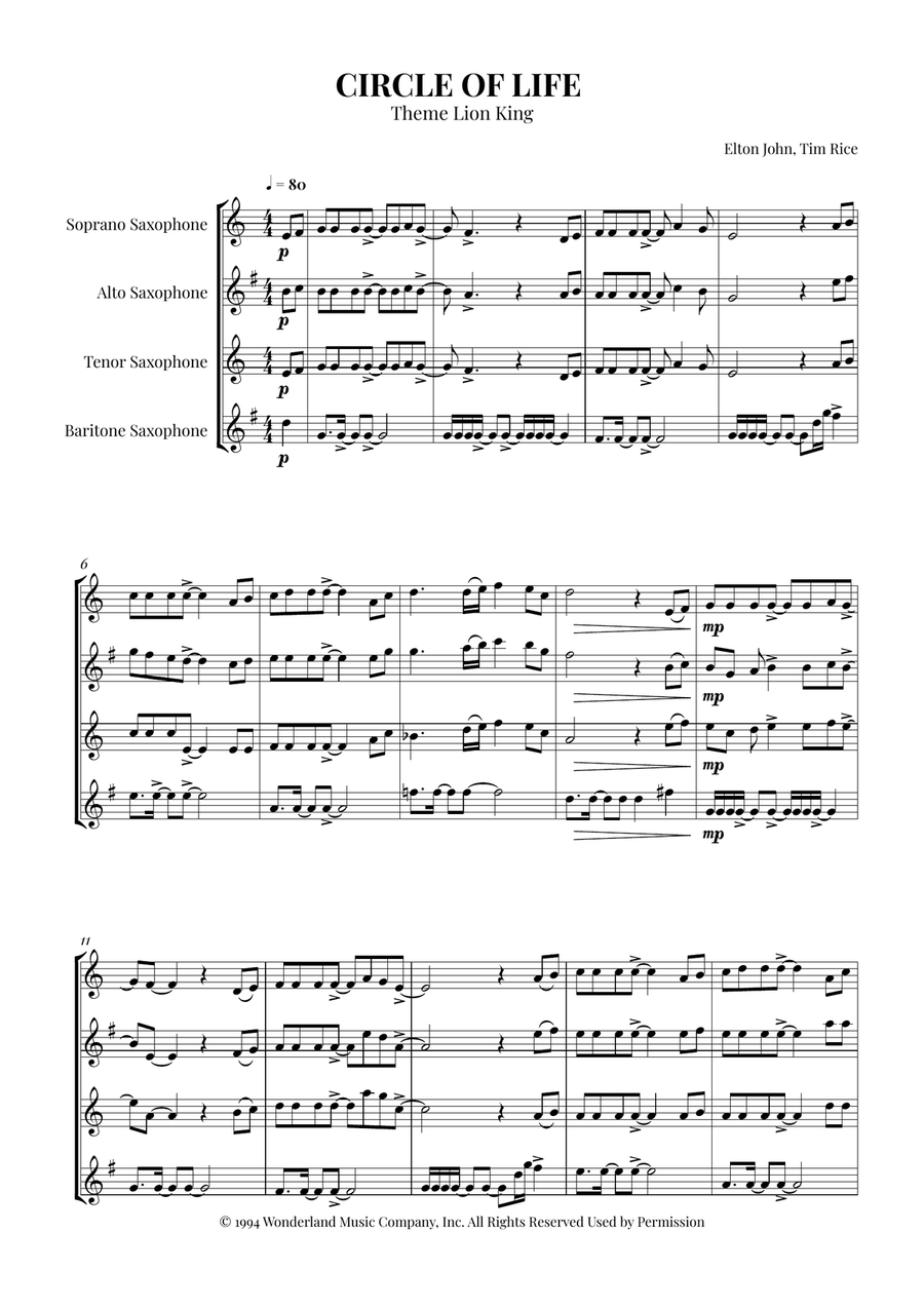 Circle Of Life Woodwind Quartet scores gallery preview page 1