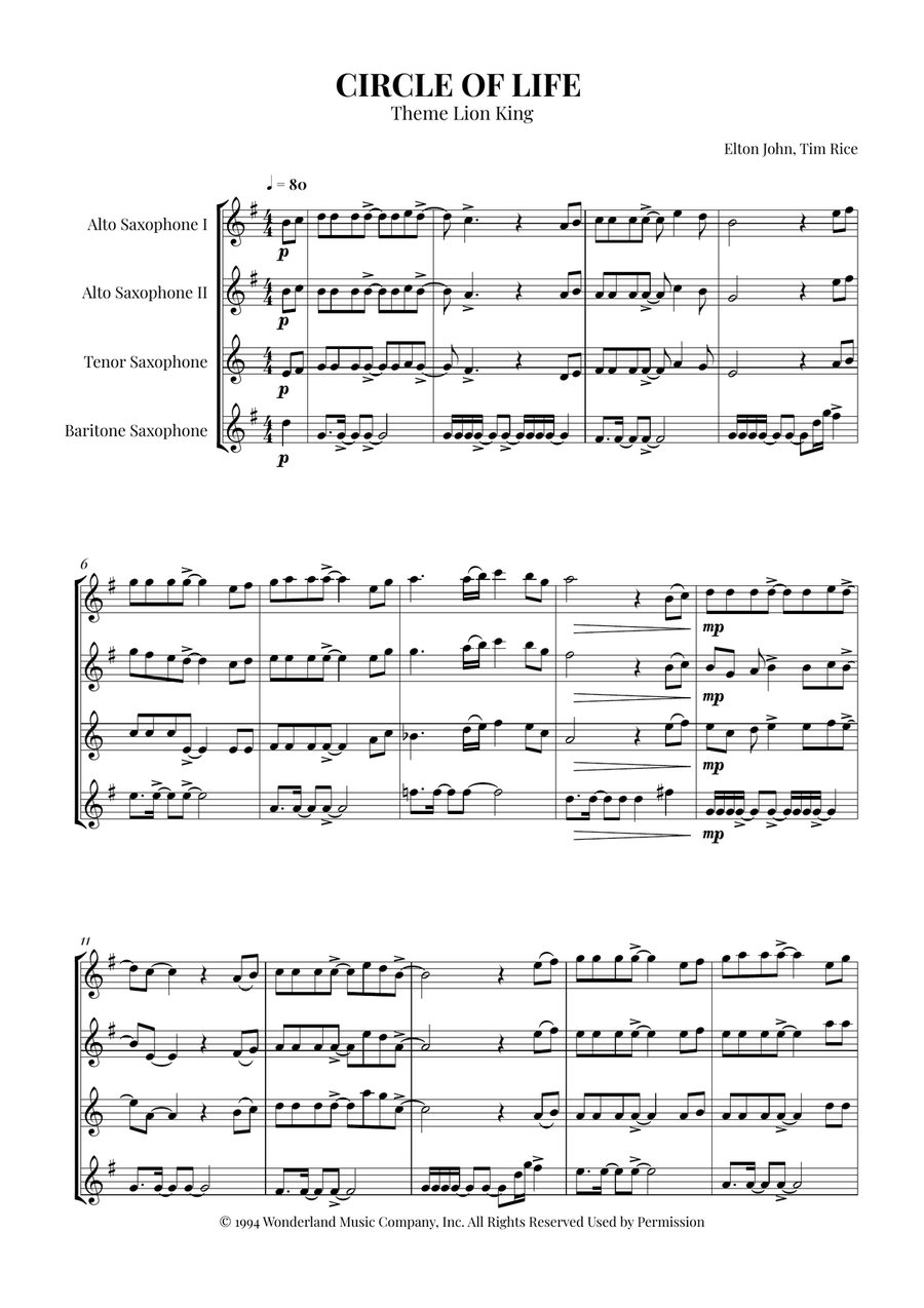 Circle Of Life Woodwind Quartet scores gallery preview page 1