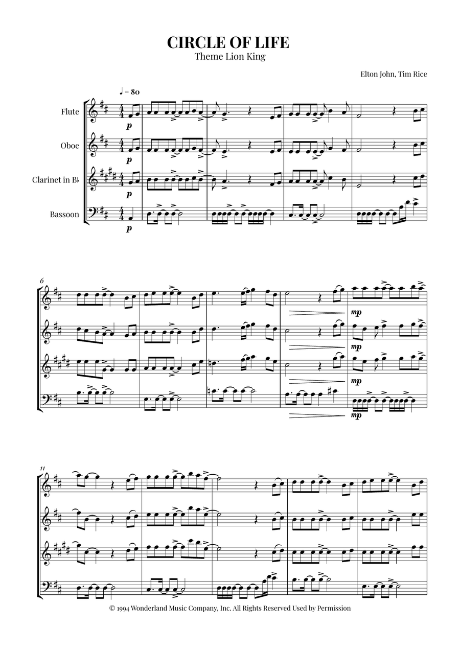 Circle Of Life Woodwind Quartet scores gallery preview page 1