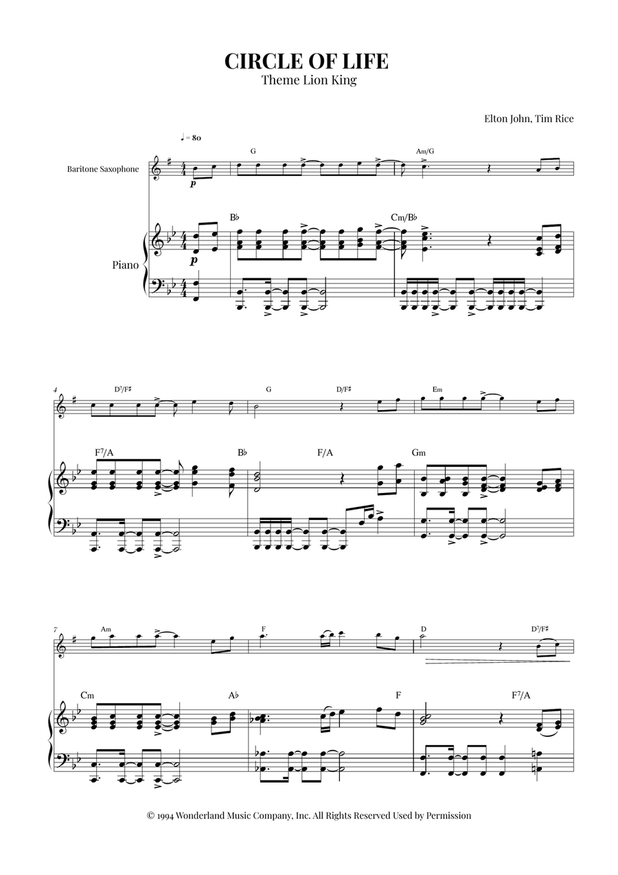 Circle Of Life Circle Of Life Baritone Saxophone scores gallery preview page 1