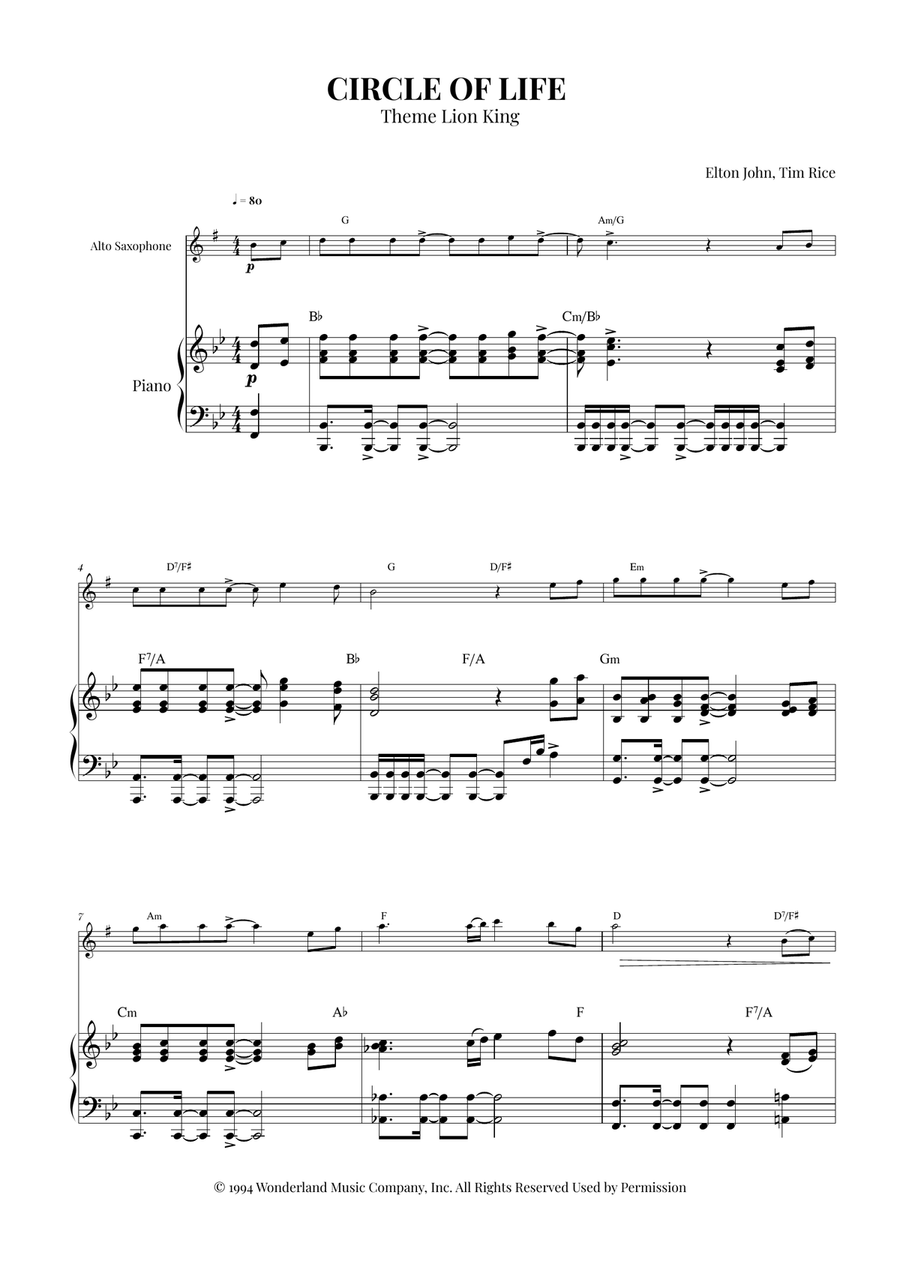 Circle Of Life Circle Of Life Alto Saxophone scores gallery preview page 1