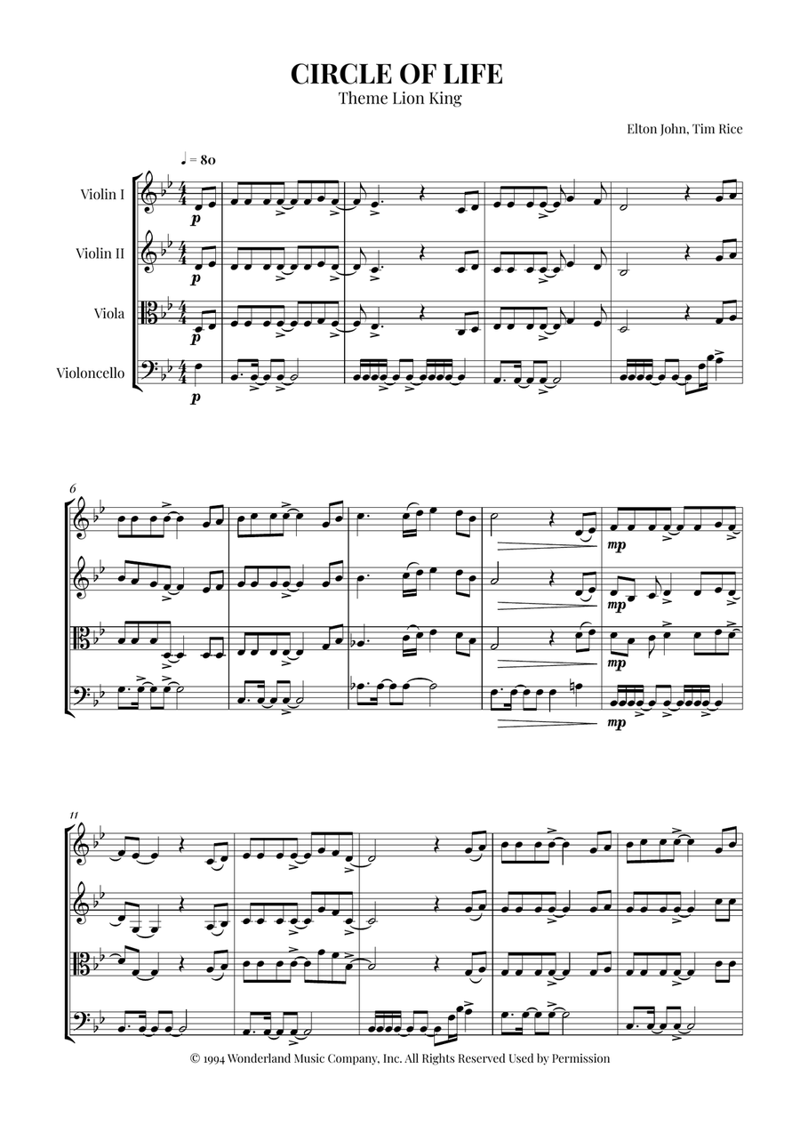 Circle Of Life Circle Of Life String Quartet scores gallery preview page 1
