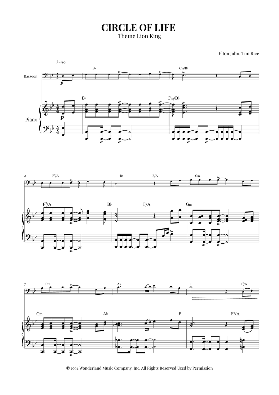 Circle Of Life Circle Of Life Bassoon scores gallery preview page 1