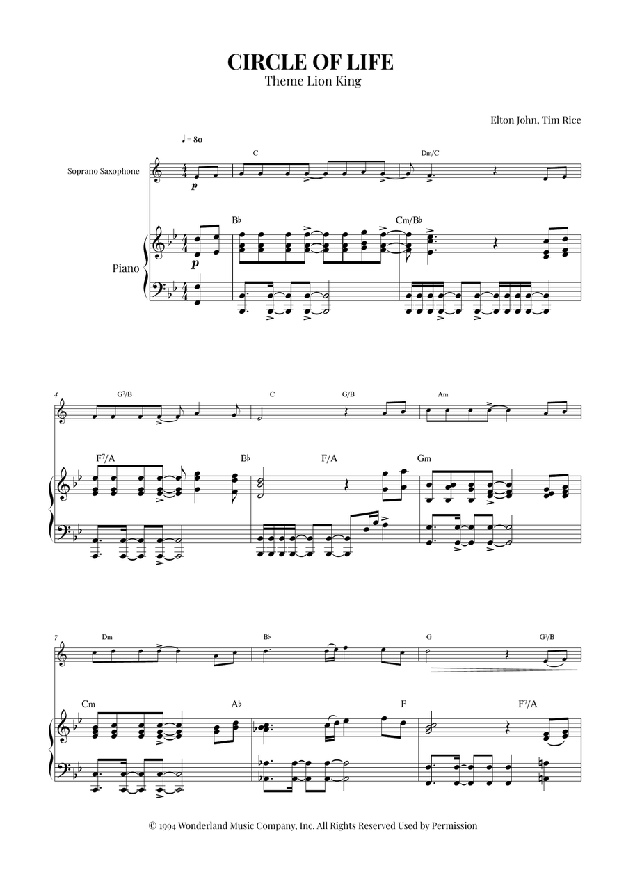 Circle Of Life Circle Of Life Soprano Saxophone scores gallery preview page 1
