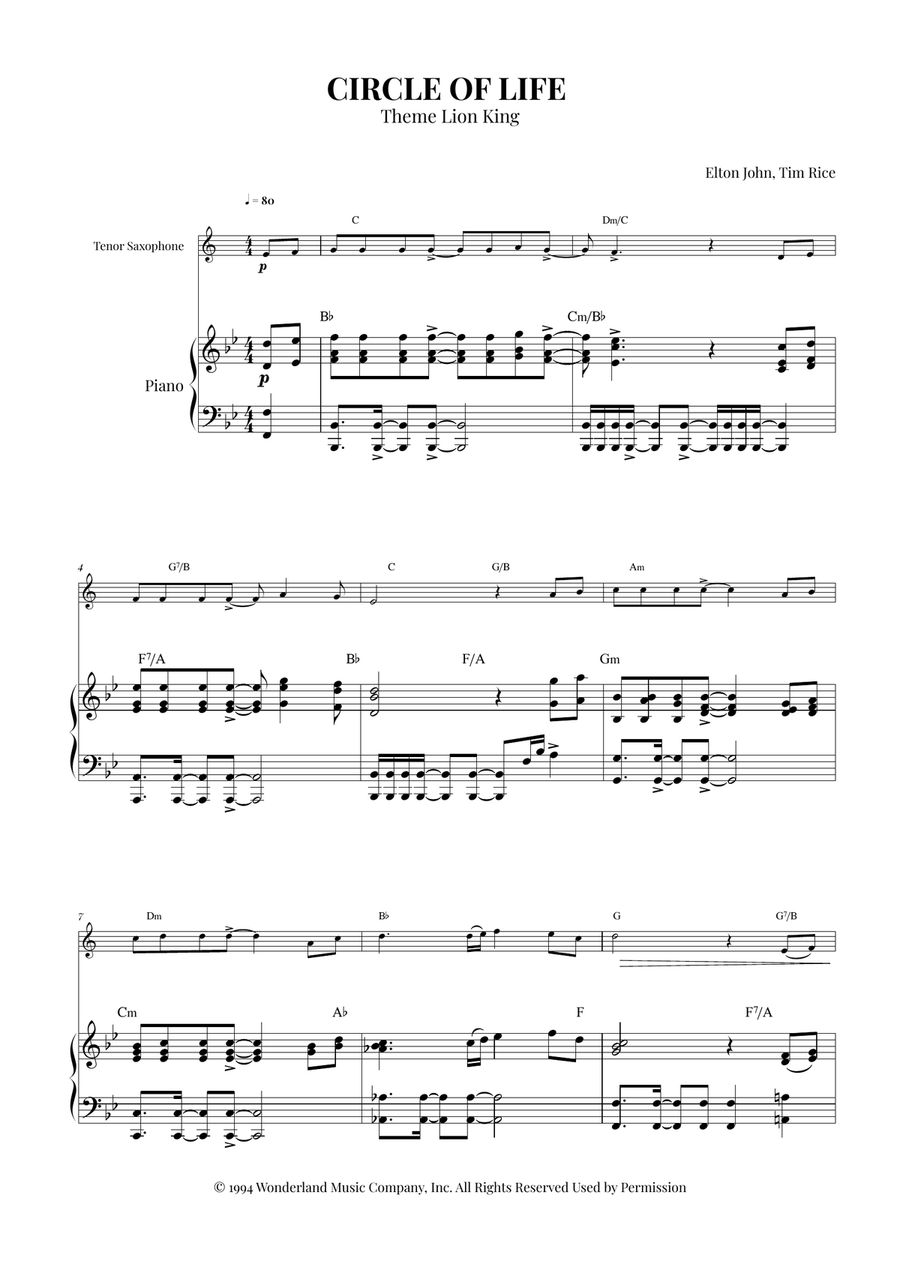 Circle Of Life Circle Of Life Tenor Saxophone scores gallery preview page 1