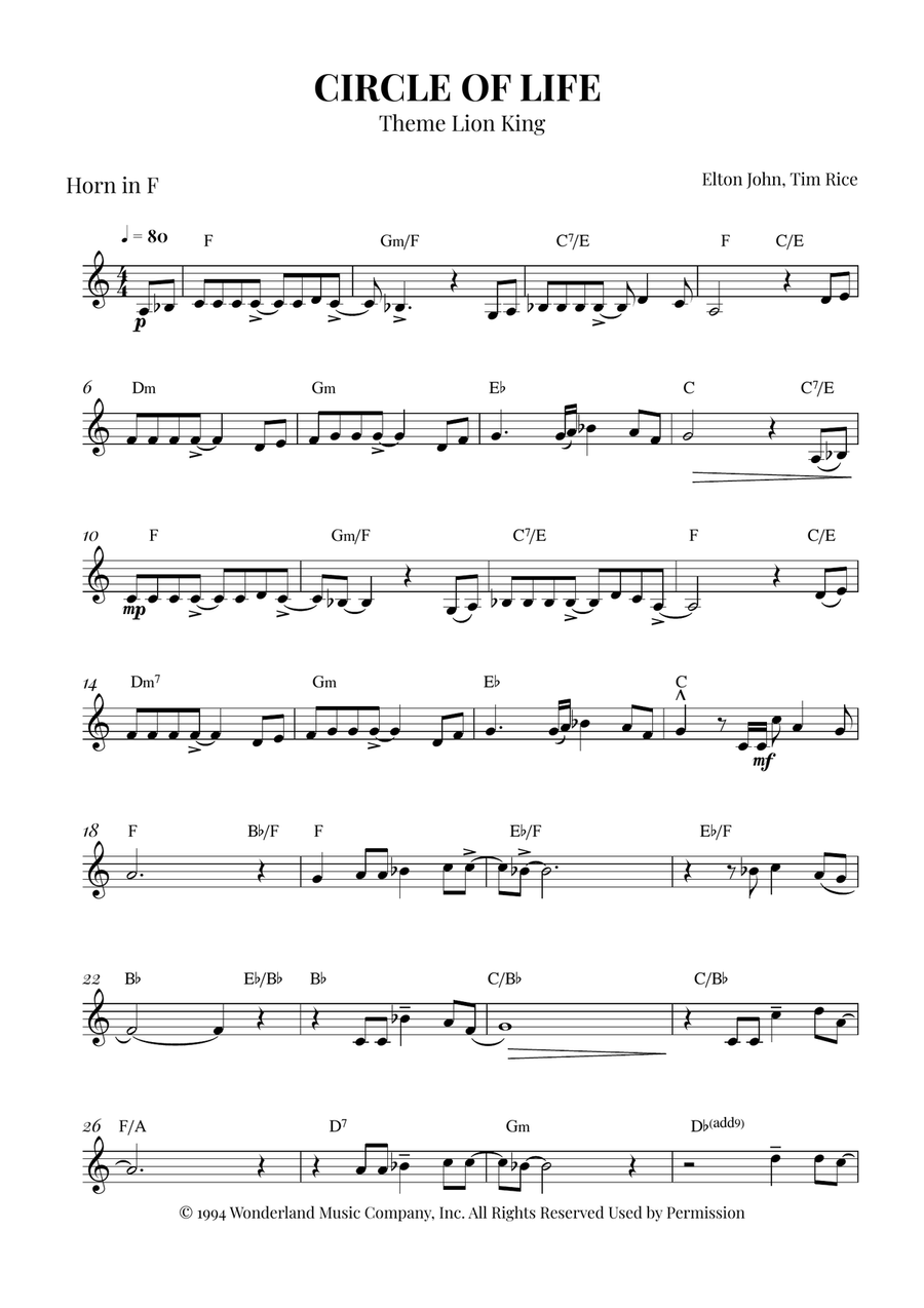 Circle Of Life Piano scores gallery preview page 1