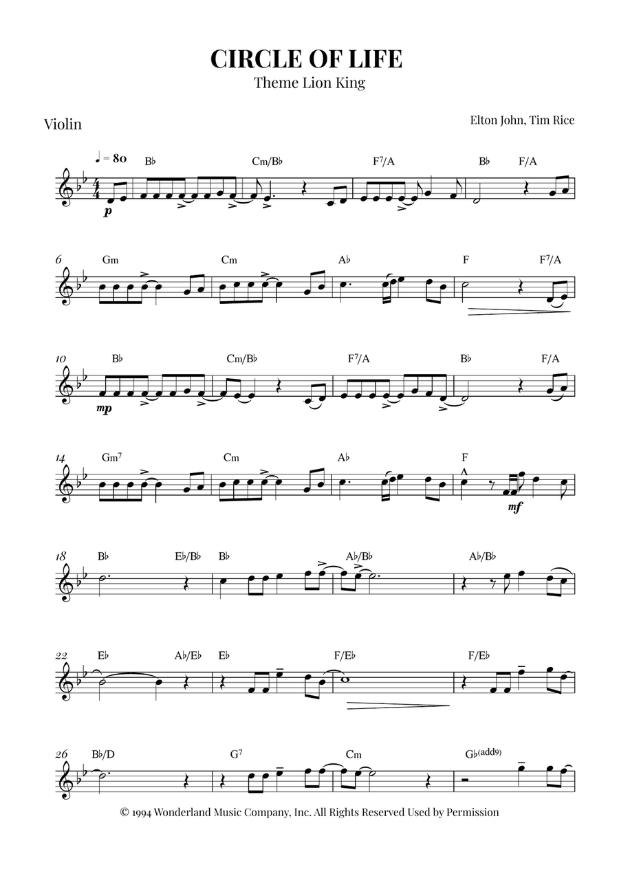 Circle Of Life Piano scores gallery preview page 1