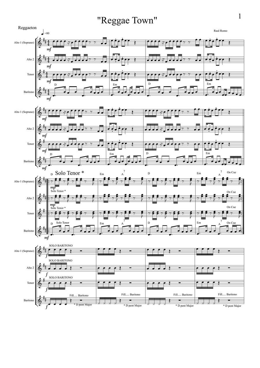 Reggae Town - Saxophone Quartet AATB SATB Saxophone Quartet scores gallery preview page 1