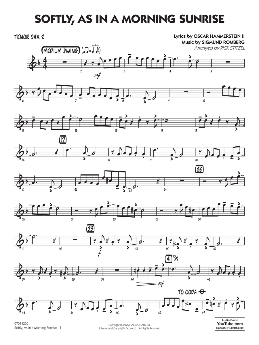 Softly, As In A Morning Sunrise (arr. Rick Stitzel) - Tenor Sax 2 Jazz Ensemble scores gallery preview page 1
