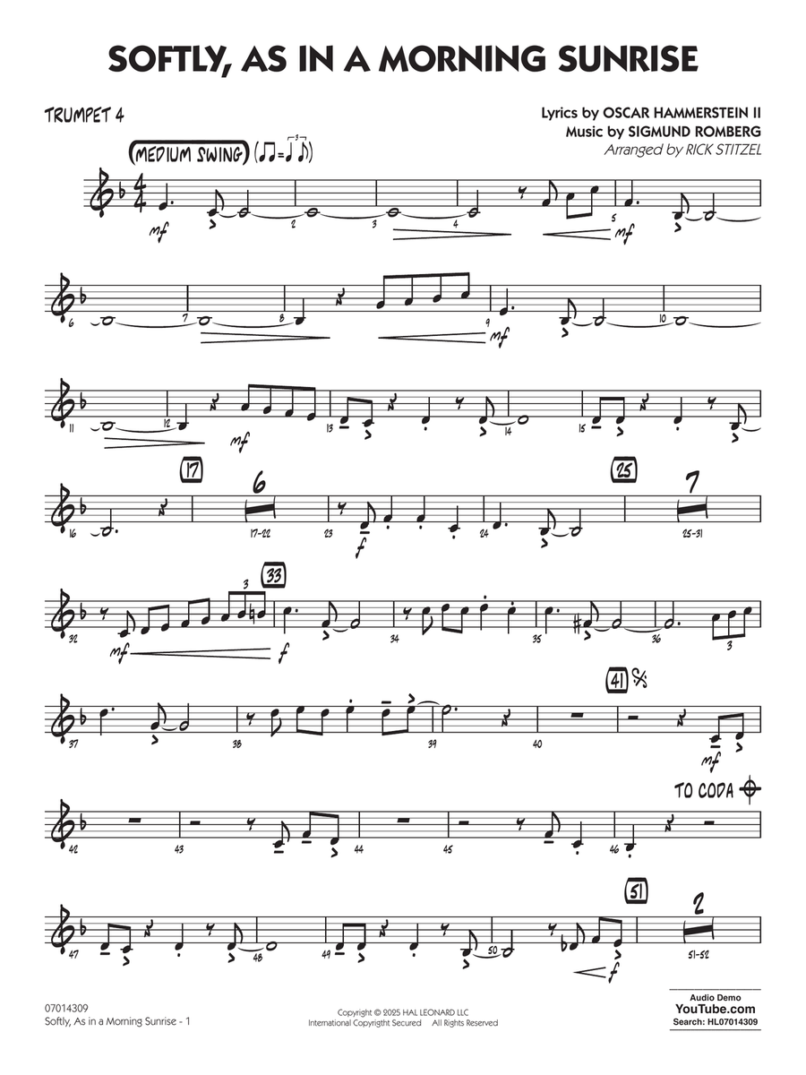 Softly, As In A Morning Sunrise (arr. Rick Stitzel) - Trumpet 4 Jazz Ensemble scores gallery preview page 1