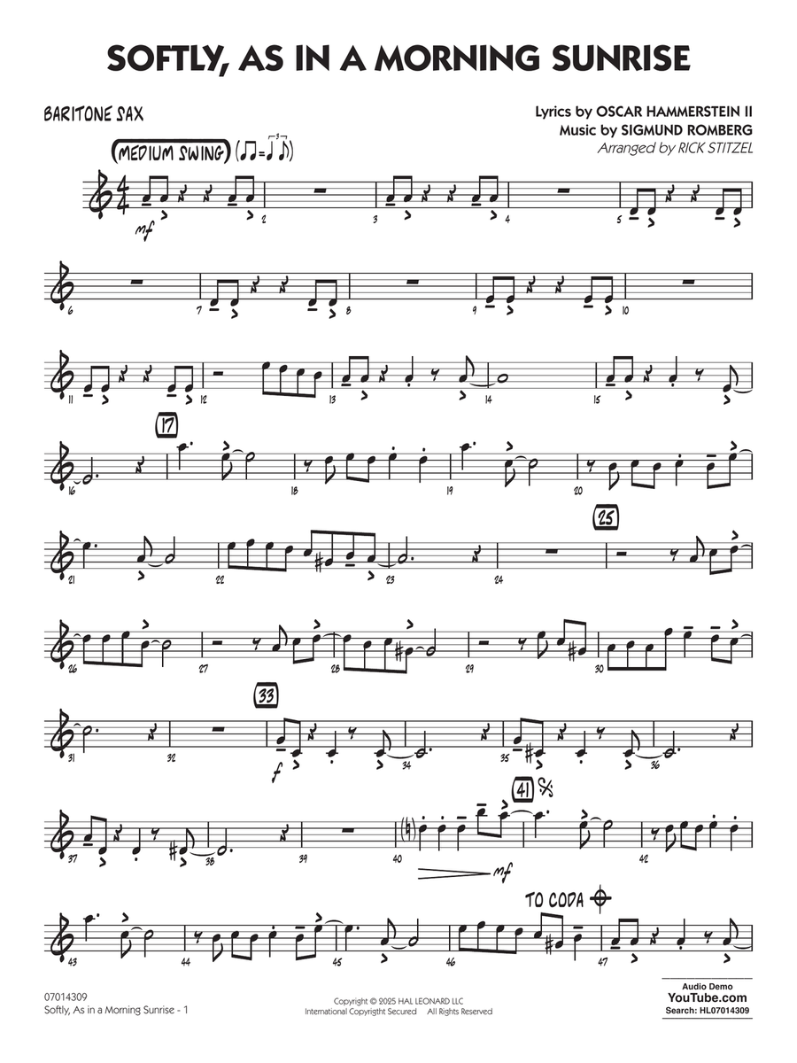 Softly, As In A Morning Sunrise (arr. Rick Stitzel) - Baritone Sax Jazz Ensemble scores gallery preview page 1