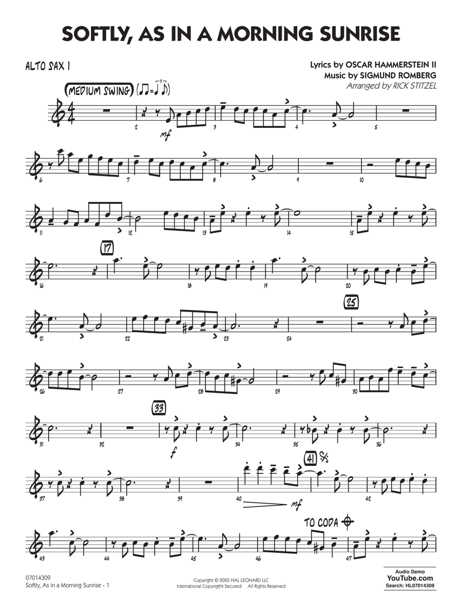 Softly, As In A Morning Sunrise (arr. Rick Stitzel) - Alto Sax 1 Jazz Ensemble scores gallery preview page 1