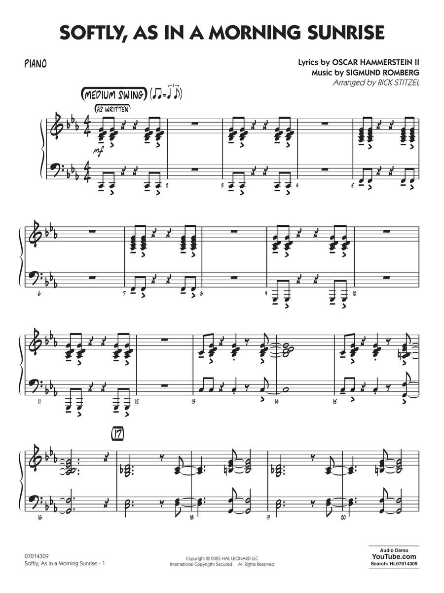Softly, As In A Morning Sunrise (arr. Rick Stitzel) - Piano Jazz Ensemble scores gallery preview page 1