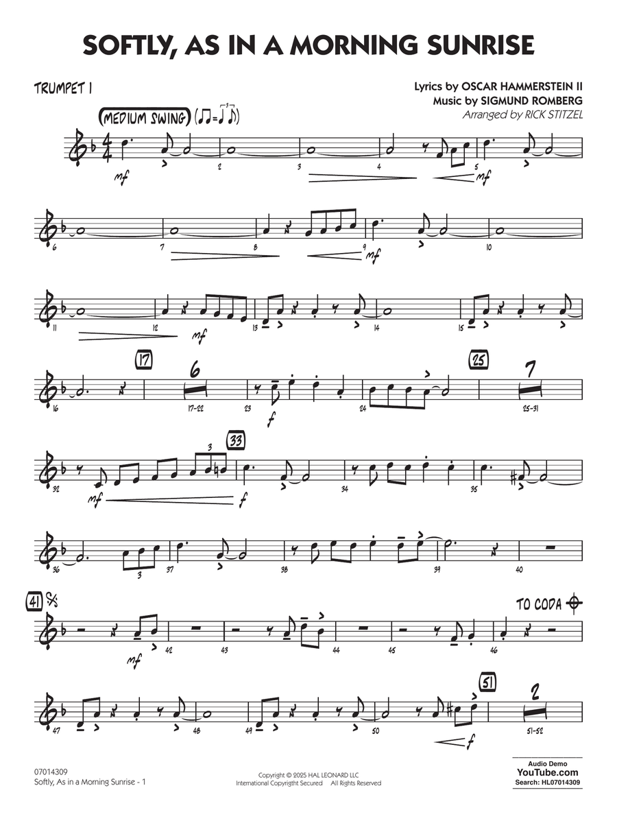 Softly, As In A Morning Sunrise (arr. Rick Stitzel) - Trumpet 1 Jazz Ensemble scores gallery preview page 1