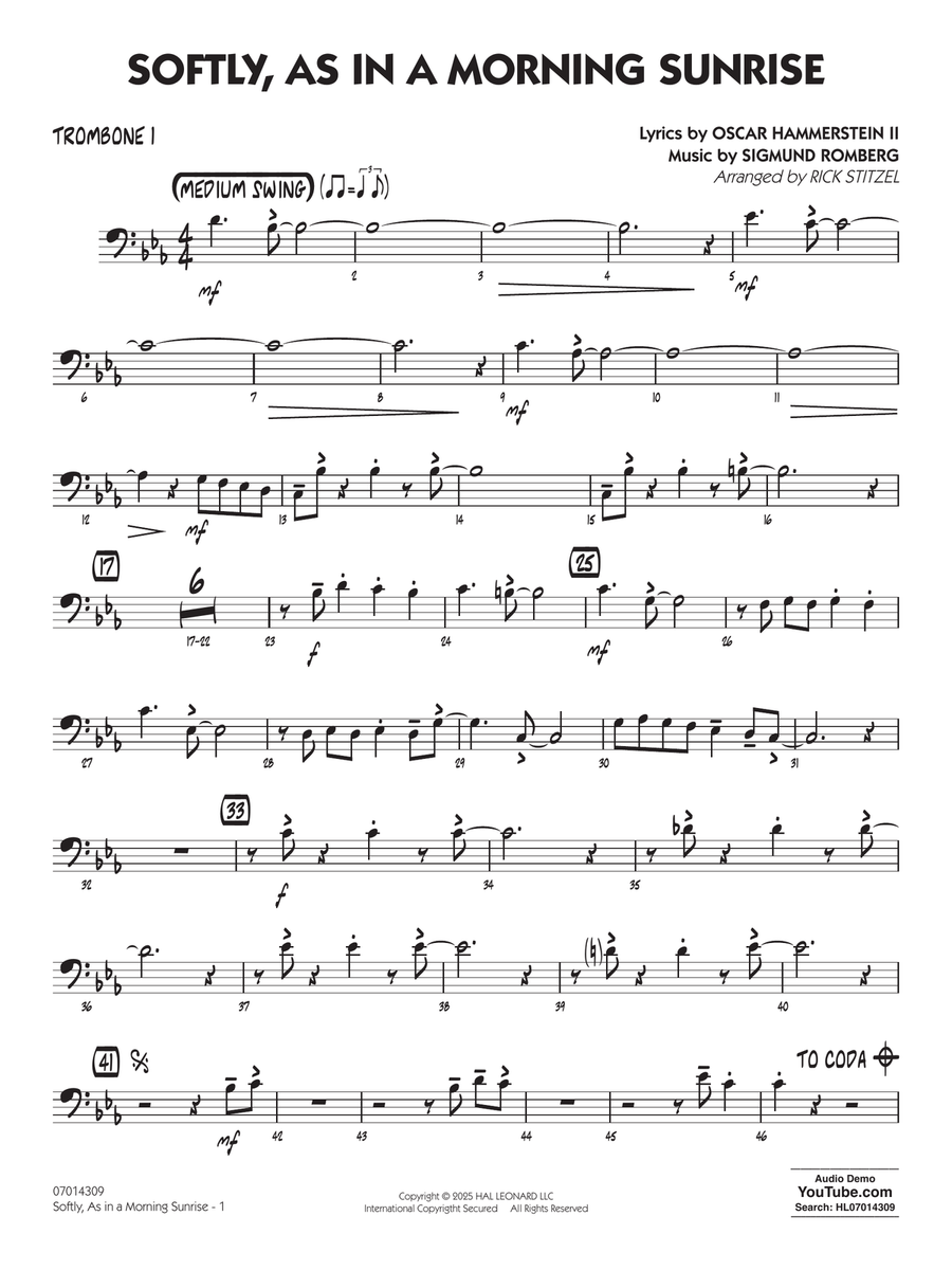 Softly, As In A Morning Sunrise (arr. Rick Stitzel) - Trombone 1 Jazz Ensemble scores gallery preview page 1