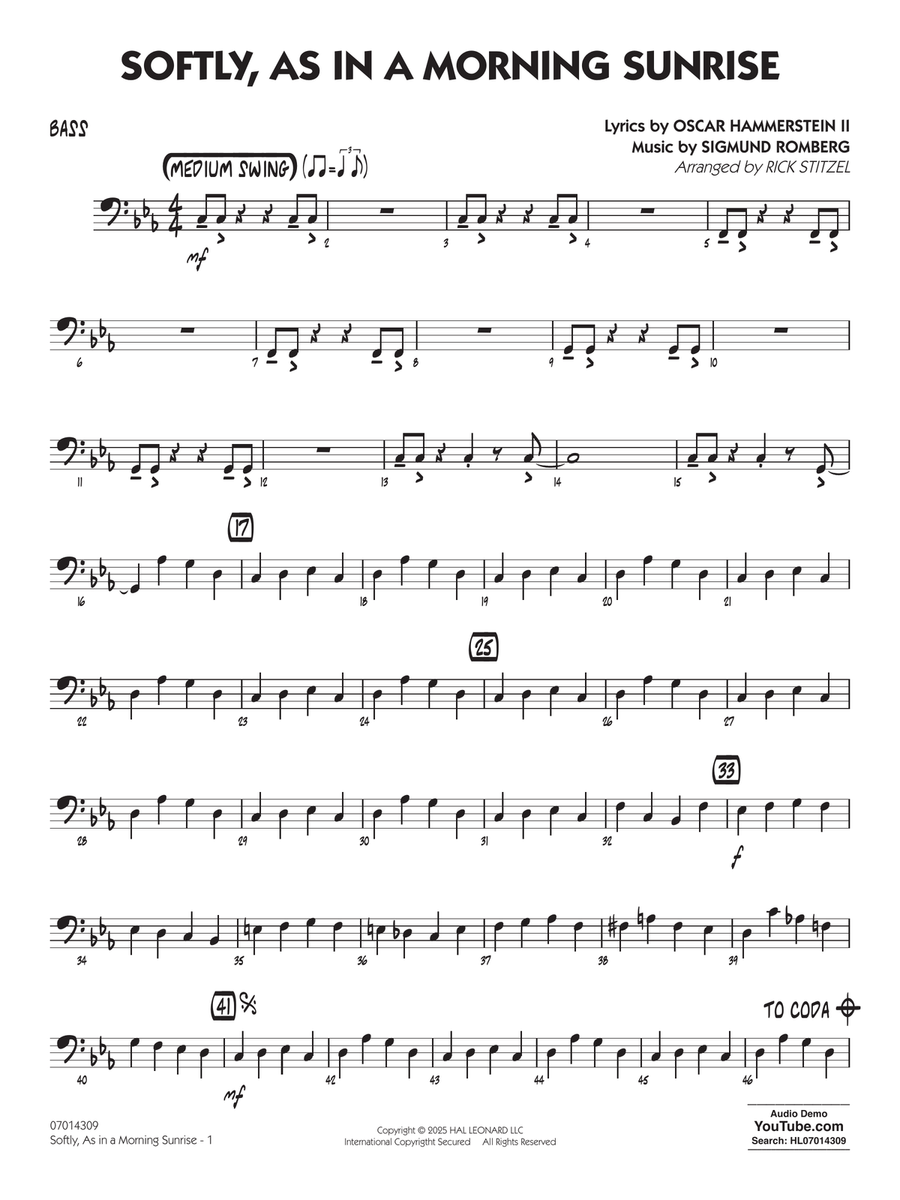 Softly, As In A Morning Sunrise (arr. Rick Stitzel) - Bass Jazz Ensemble scores gallery preview page 1