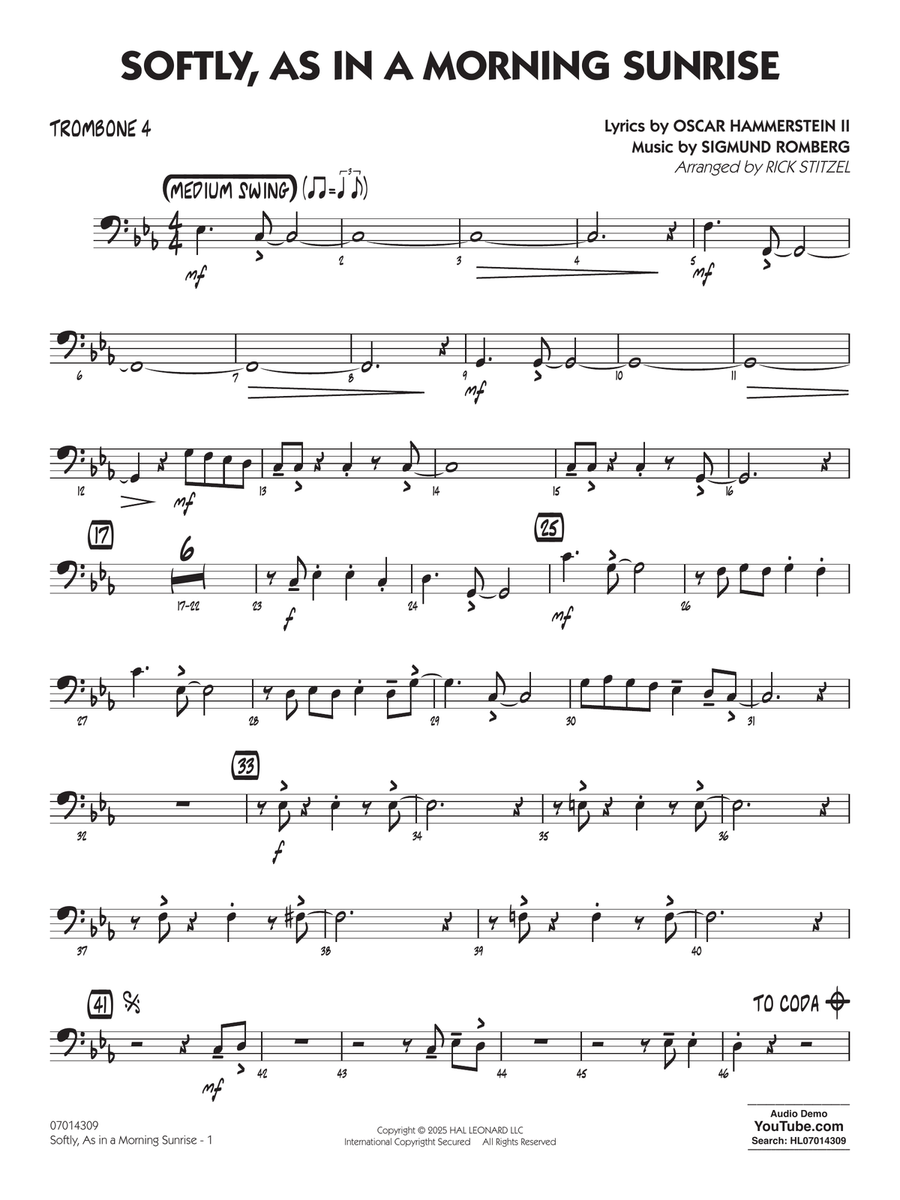 Softly, As In A Morning Sunrise (arr. Rick Stitzel) - Trombone 4 Jazz Ensemble scores gallery preview page 1