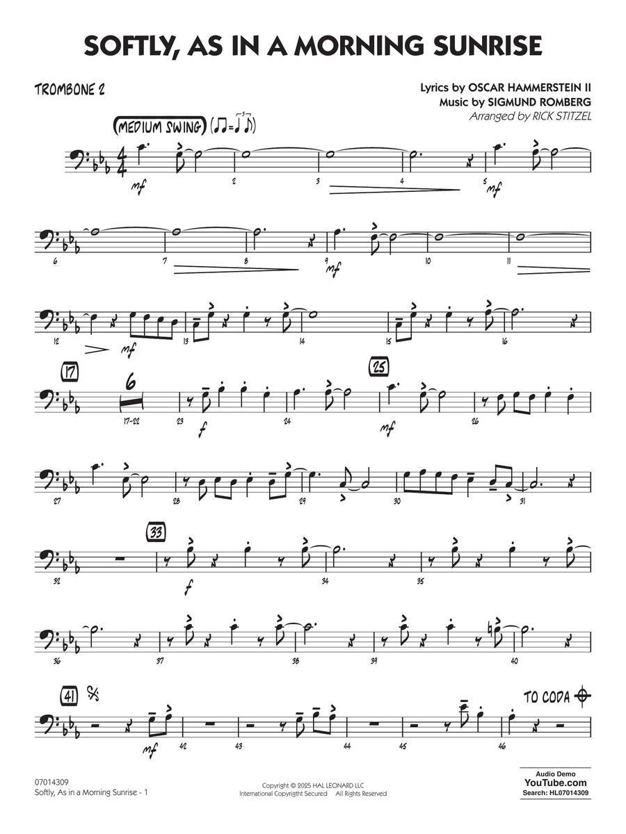 Softly, As In A Morning Sunrise (arr. Rick Stitzel) - Trombone 2 Jazz Ensemble scores gallery preview page 1