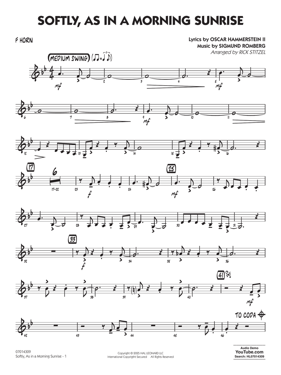 Softly, As In A Morning Sunrise (arr. Rick Stitzel) - F Horn Jazz Ensemble scores gallery preview page 1