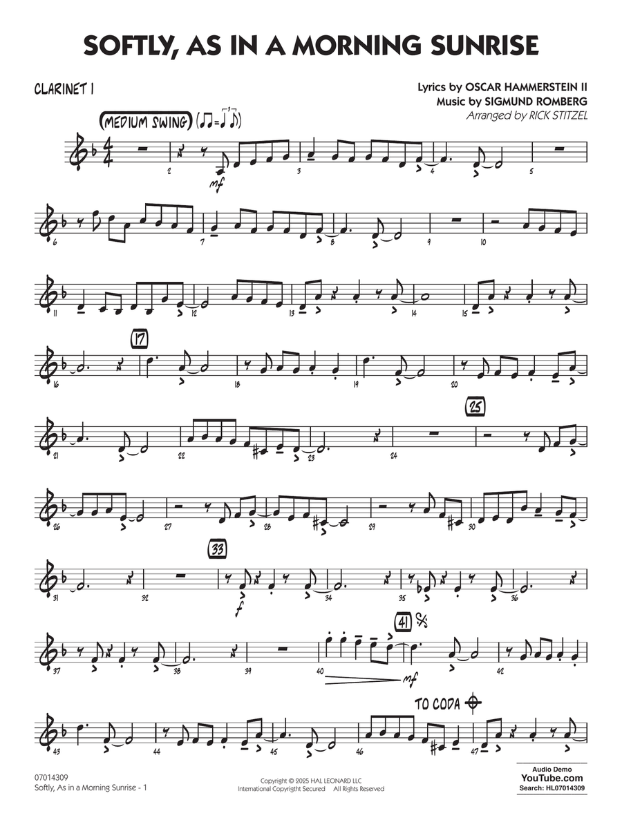 Softly, As In A Morning Sunrise (arr. Rick Stitzel) - Bb Clarinet 1 Jazz Ensemble scores gallery preview page 1