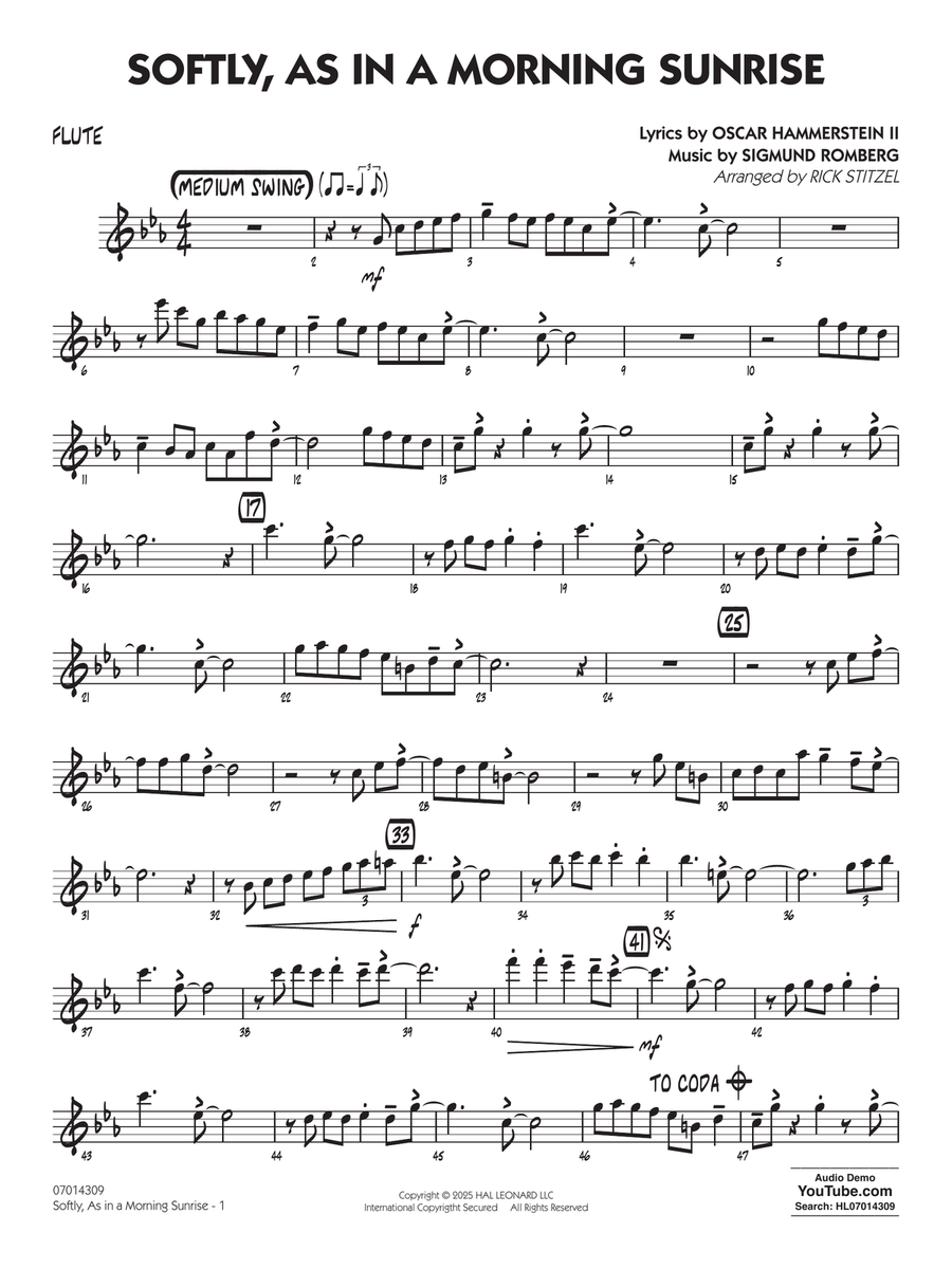 Softly, As In A Morning Sunrise (arr. Rick Stitzel) - Flute Jazz Ensemble scores gallery preview page 1