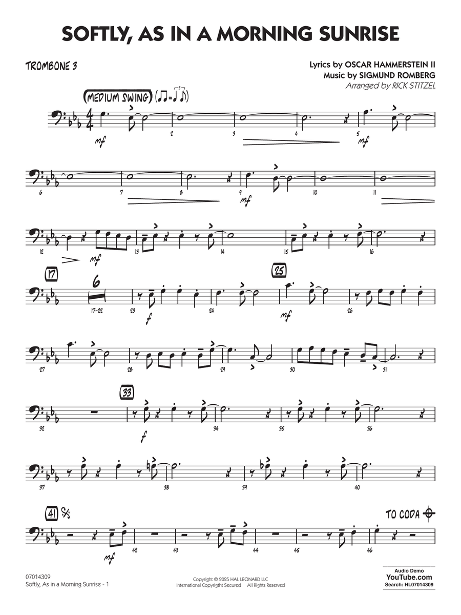 Softly, As In A Morning Sunrise (arr. Rick Stitzel) - Trombone 3 Jazz Ensemble scores gallery preview page 1