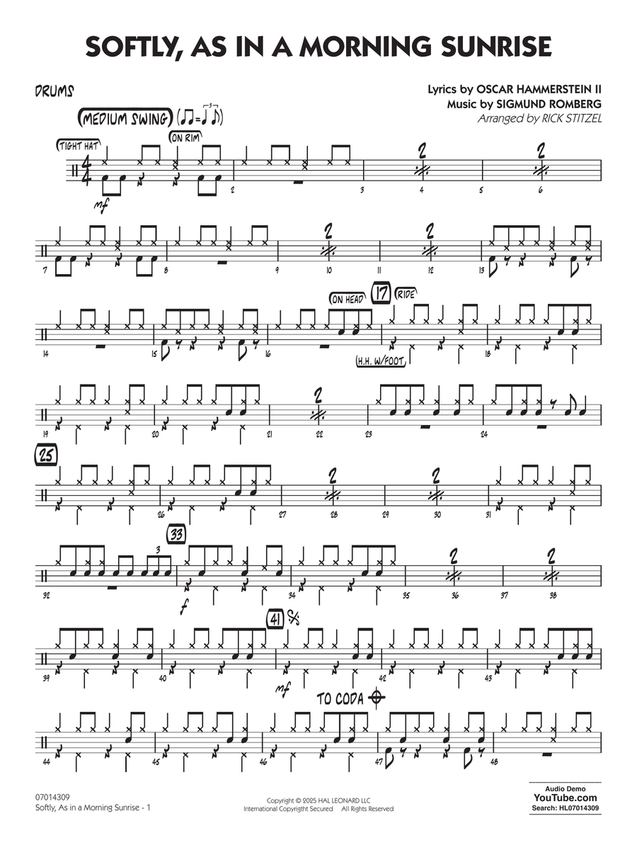 Softly, As In A Morning Sunrise (arr. Rick Stitzel) - Drums Jazz Ensemble scores gallery preview page 1
