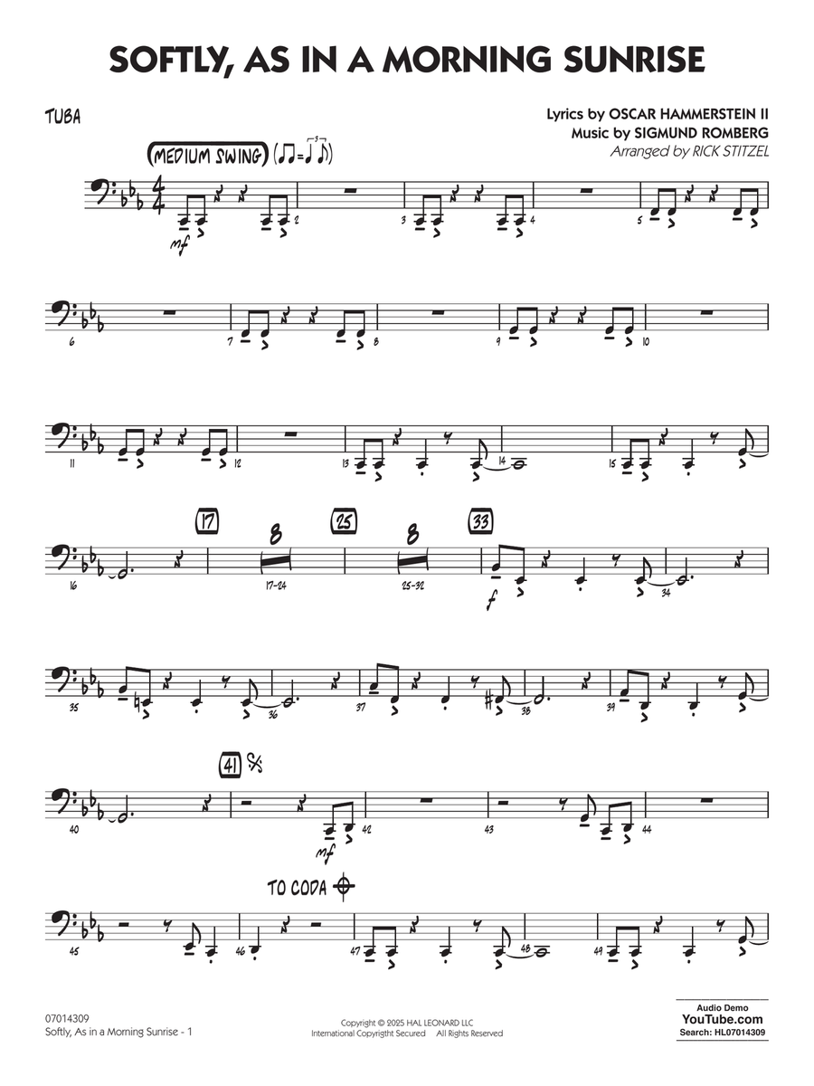 Softly, As In A Morning Sunrise (arr. Rick Stitzel) - Tuba Jazz Ensemble scores gallery preview page 1
