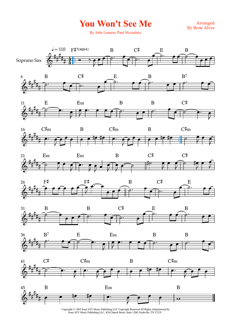 You Won't See Me You Won't See Me Soprano Saxophone scores gallery preview page 1