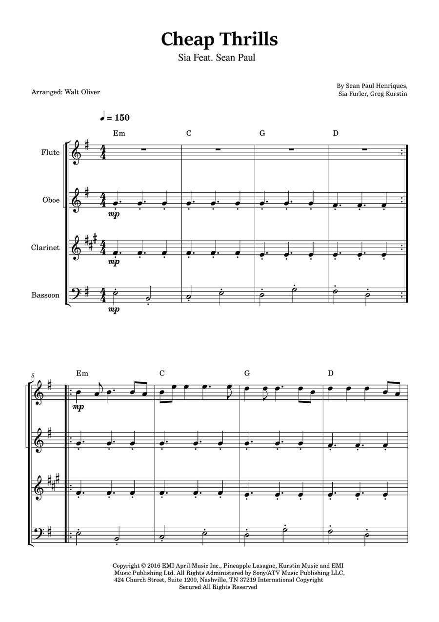 Cheap Thrills (Feat. Sean Paul) Woodwind Quartet scores gallery preview page 1