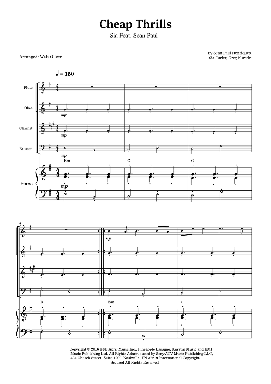 Cheap Thrills (Feat. Sean Paul) Woodwind Quartet scores gallery preview page 1