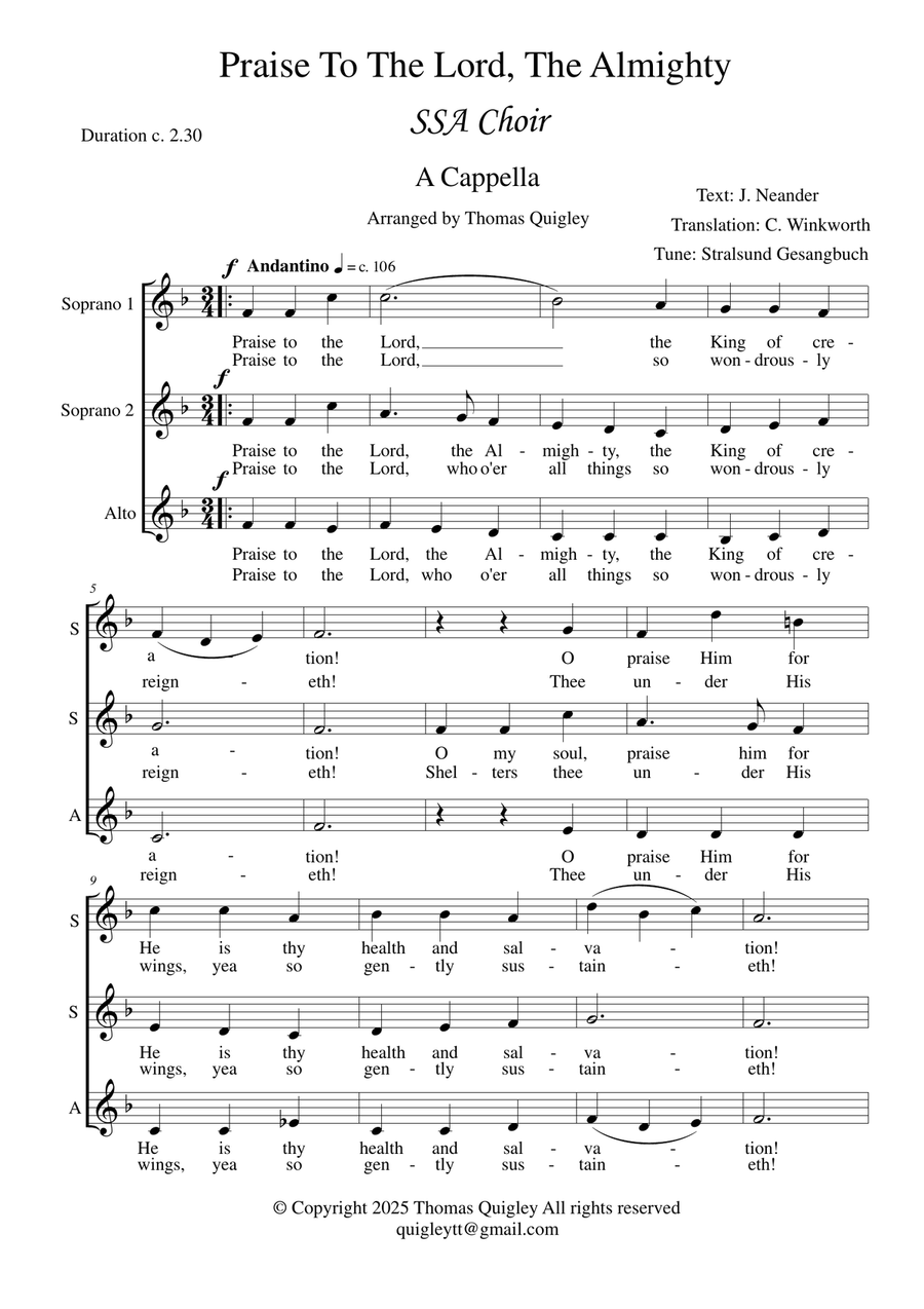 Praise to the Lord, the Almighty SSA scores gallery preview page 2