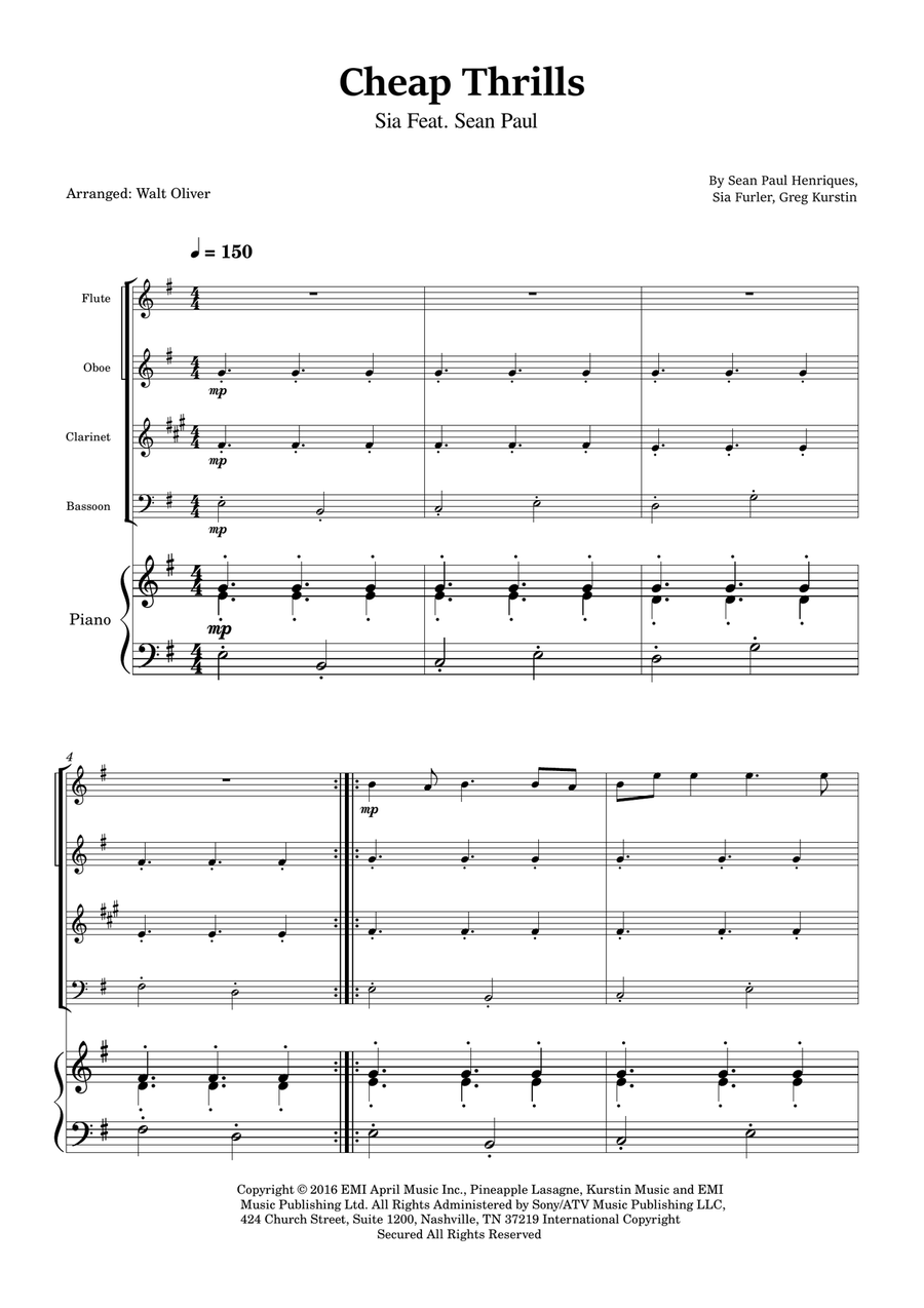 Cheap Thrills (Feat. Sean Paul) Woodwind Quartet scores gallery preview page 1