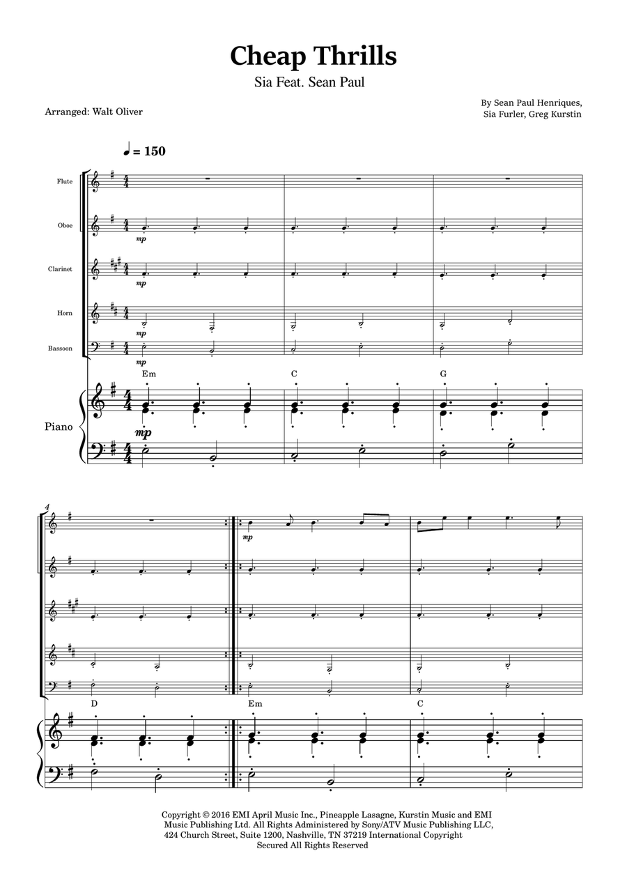 Cheap Thrills (Feat. Sean Paul) Woodwind Quintet scores gallery preview page 1