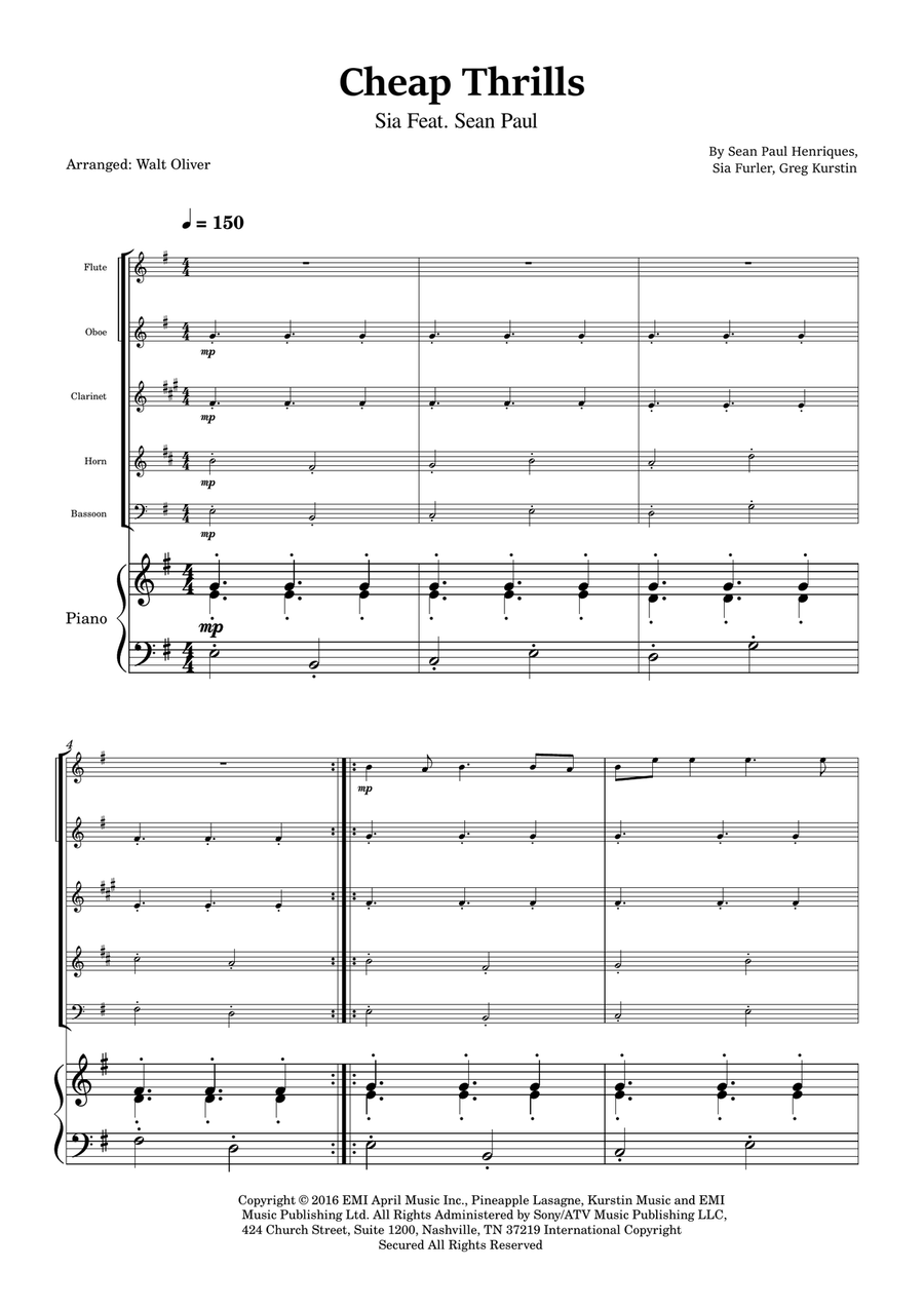 Cheap Thrills (Feat. Sean Paul) Woodwind Quintet scores gallery preview page 1