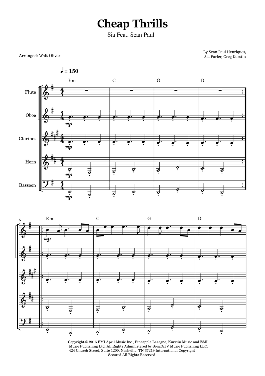 Cheap Thrills (Feat. Sean Paul) Woodwind Quintet scores gallery preview page 1