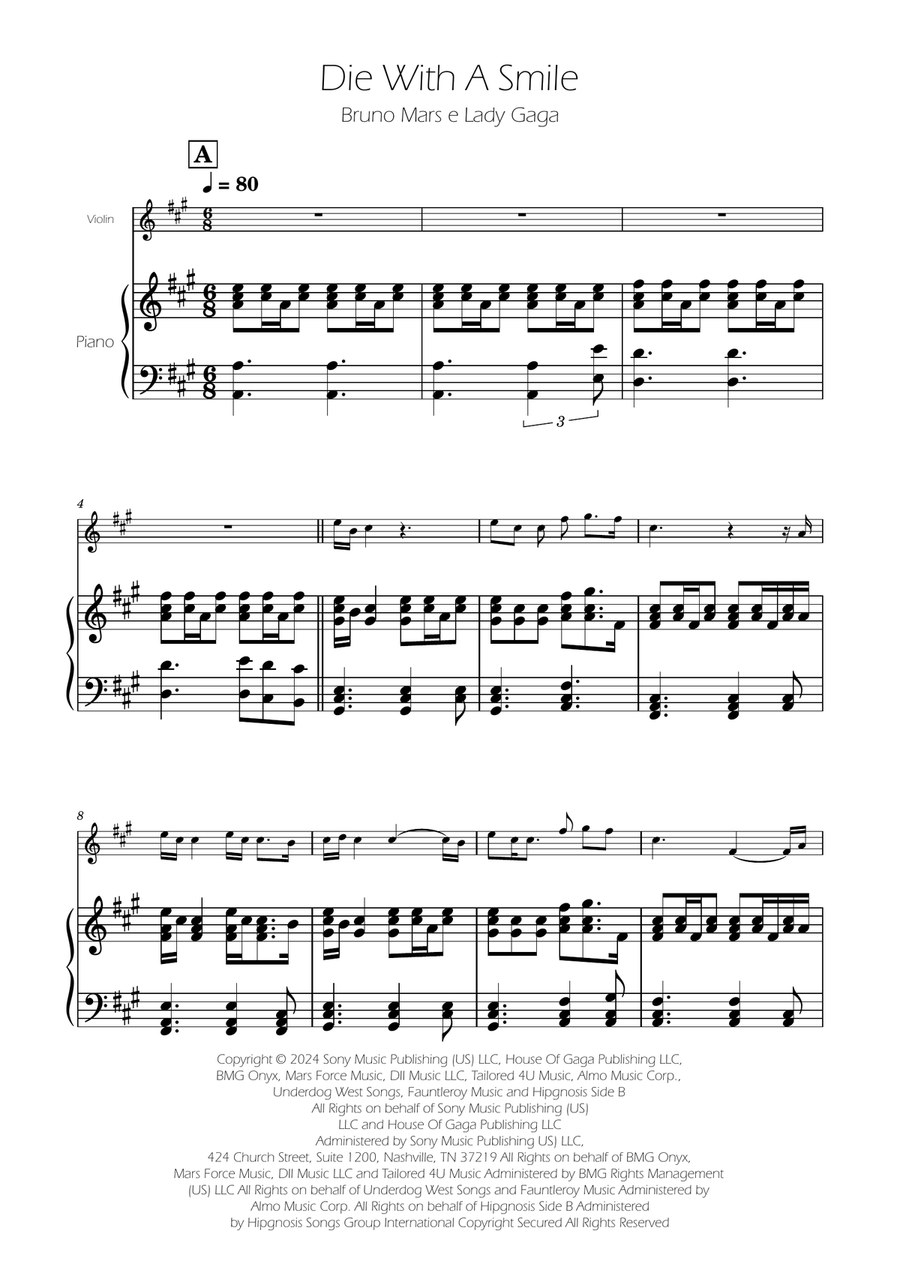 Die With A Smile Violin Solo scores gallery preview page 1