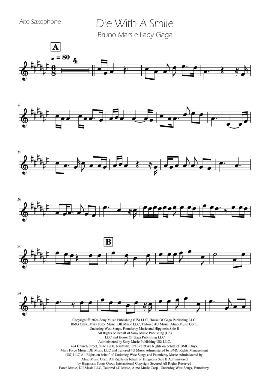 Die With A Smile Alto Saxophone scores gallery preview page 1