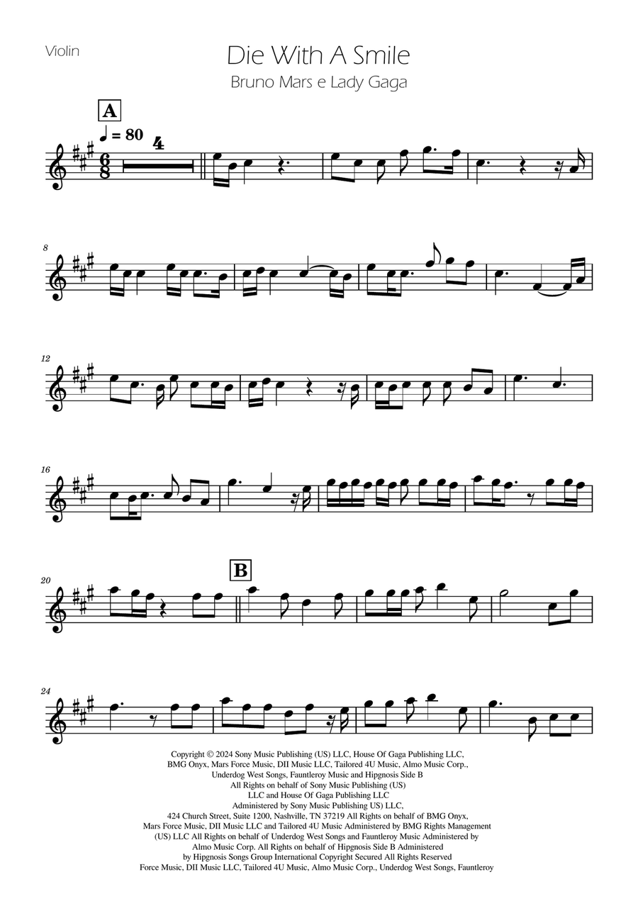 Die With A Smile Violin Solo scores gallery preview page 1