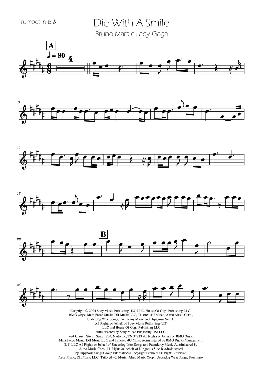 Die With A Smile B-Flat Trumpet scores gallery preview page 1